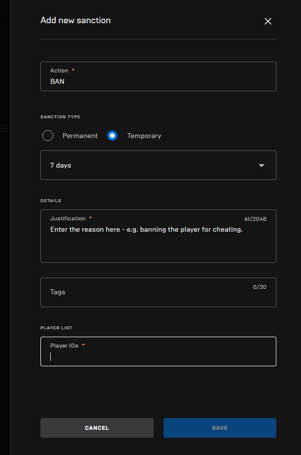 Filling out the &quot;Add new sanction&quot; form in the EOS portal
