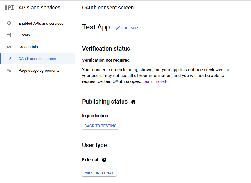 The OAuth consent screen should show the application as published