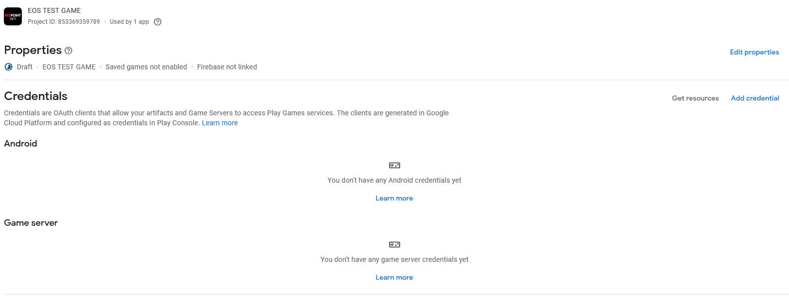 No credentials showing in the Google Play dashboard
