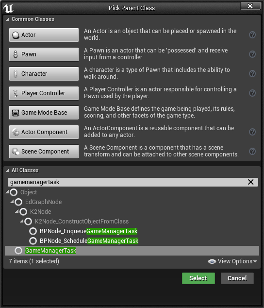 Select GameManagerTask under All Classes, then click Select