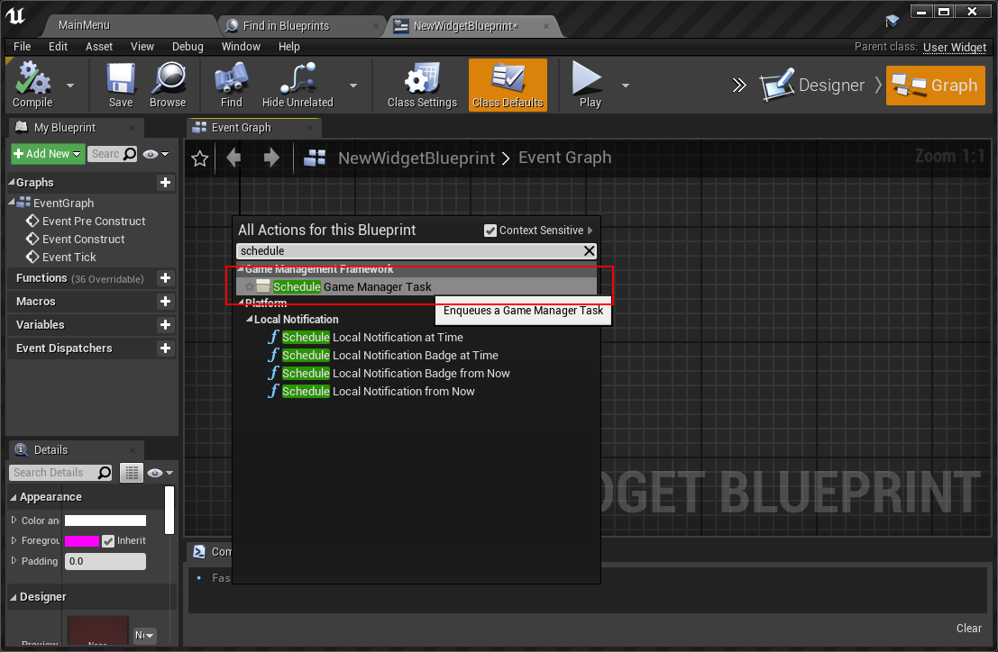 Locate the Schedule Game Manager Task in the blueprint dropdown