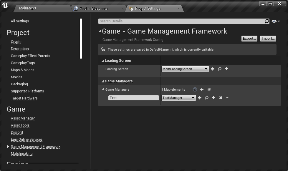 Screenshot of game manager configuration