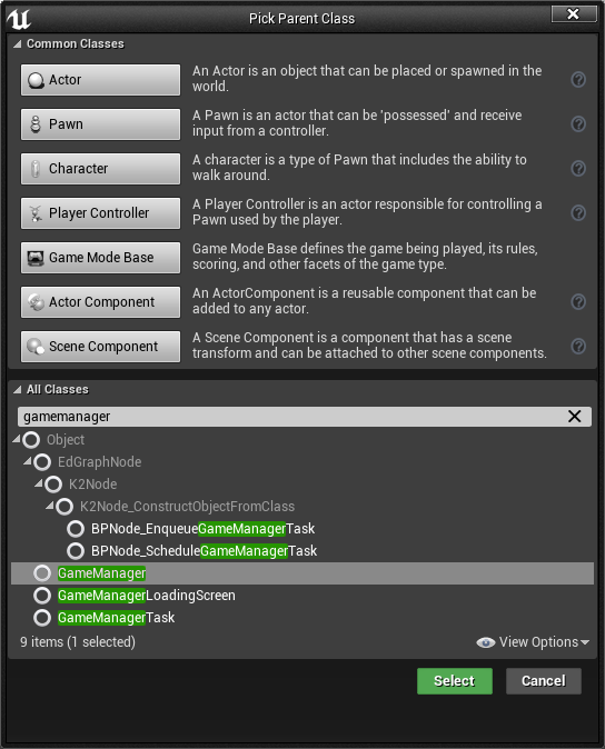 Select GameManager under All Classes, then click Select